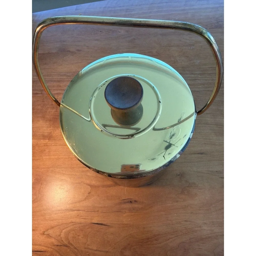 Vintage Mid-Century Modern Gessner Tortoise Shell Vinyl Ice Bucket with Brass Ha